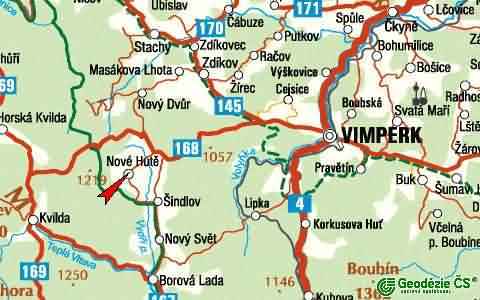 Obrázek s mapou cesty z Vimperka na Nové Hutě